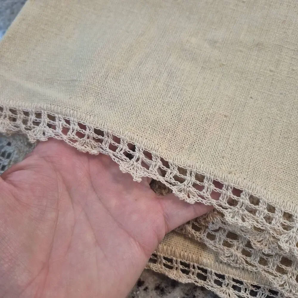 Tablecloth, Vintage Ecru Cotton w Hand Crocheted Edging, 46